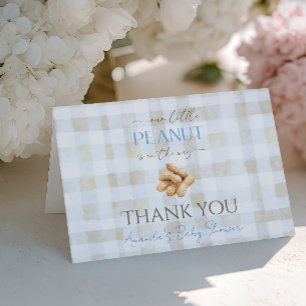 Onze Kleine Pinda Jongen Blauwe Gingham Baby Showe Bedankkaart