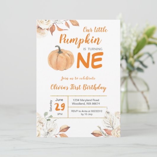 Onze kleine pompoen 1e verjaardag uitnodiging (Staand voorkant)