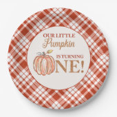 Onze Kleine Pompoen bloemenrood plaid 1e verjaarda Papieren Bordje (Voorkant)