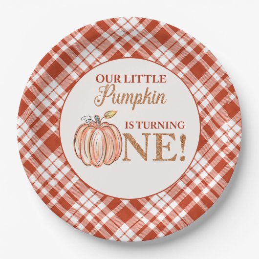 Onze Kleine Pompoen bloemenrood plaid 1e verjaarda Papieren Bordje (Voorkant)