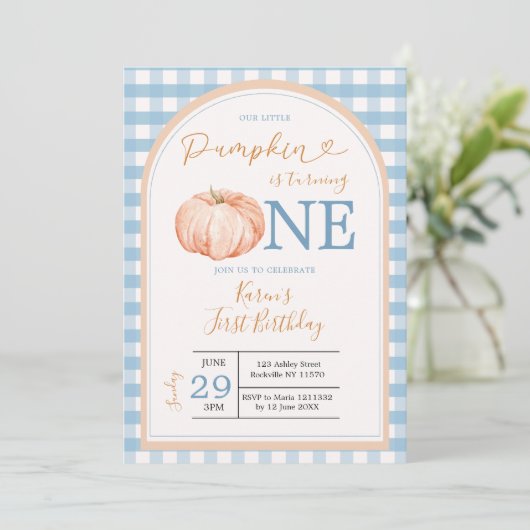 Onze kleine pompoen Boho Blue Gingham 1e verjaarda Kaart (Staand voorkant)