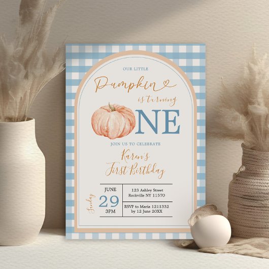 Onze kleine pompoen Boho Blue Gingham 1e verjaarda Kaart
