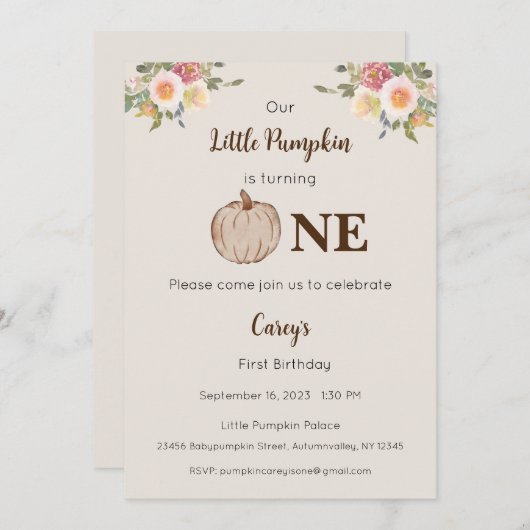 Onze kleine pompoen is één uitnodiging, 1e verjaar kaart (Voorkant / Achterkant)