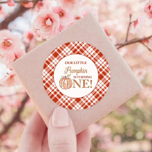 Onze kleine pompoen rood plaid eerste verjaardag ronde sticker