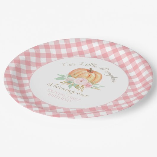 Onze kleine pompoengoud en bloemen eerste verjaard papieren bordje (Gekanteld)