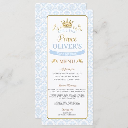 Onze kleine Prince Blue Baby shower verjaardagsmen Programma (Voorkant / Achterkant)