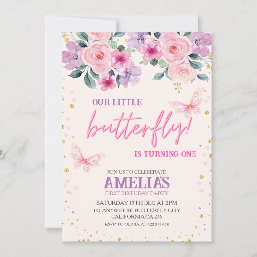 Onze kleine vlinder paarse Bloemen 1e Verjaardag Kaart (Voorkant)