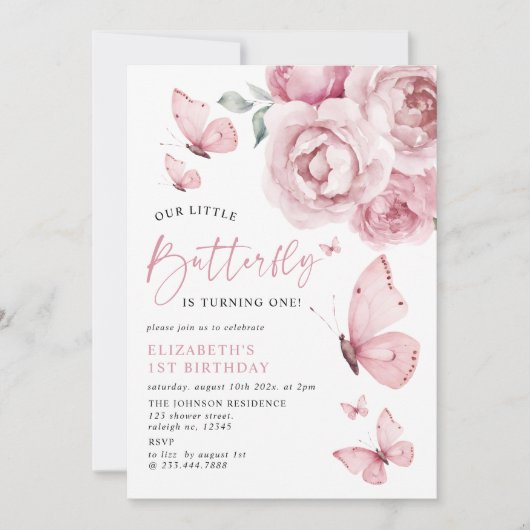 Onze kleine vlinder roze rozen 1e verjaardag kaart (Voorkant)