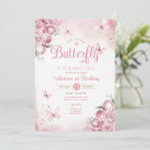 Onze Kleine Vlinder wordt één Roze Bloemen Kaart (Staand voorkant)