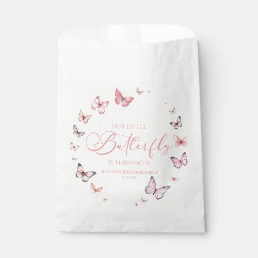 Onze kleine vlinder zacht roze verjaardagsfeest bedankzakje (Voorkant)