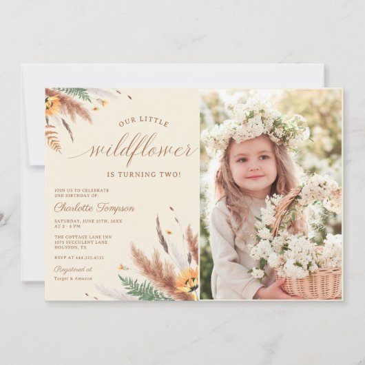 Onze Kleine Wildflower 2e Verjaardag Party Foto Kaart (Voorkant)