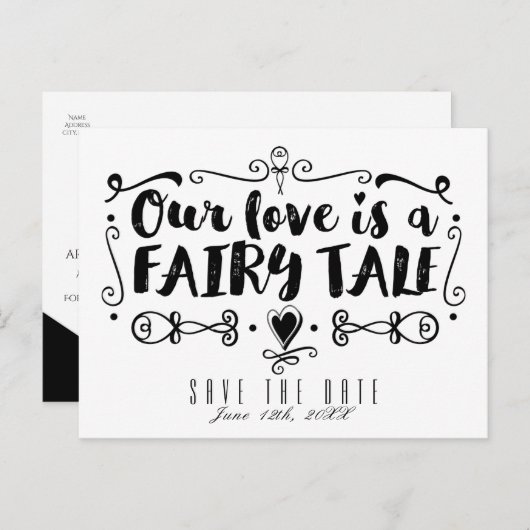 ONZE LIEFT IS EEN VRIJE TALE Weddenschap Save the  Aankondigingskaart (Voorkant / Achterkant)