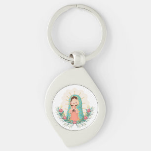 Onze Lieve Vrouw van Guadalupe met bloemen Kawaii Sleutelhanger