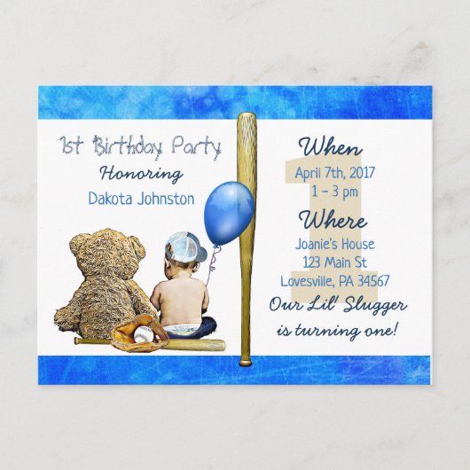 Onze Lil Slugger Boy en Teddy Bear 1e verjaardag Uitnodiging Briefkaart (Voorkant)