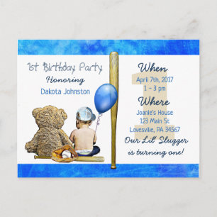 Onze Lil Slugger Boy en Teddy Bear 1st Birthday Uitnodiging Briefkaart