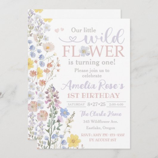Onze Little Wildflower Uitnodiging, 1e verjaardag Kaart (Voorkant / Achterkant)