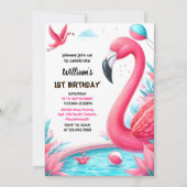 Onze Luau Fly Pink Flamingo Pool Party 1e verjaard Kaart (Voorkant)