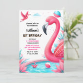 Onze Luau Fly Pink Flamingo Pool Party 1e verjaard Kaart (Staand voorkant)