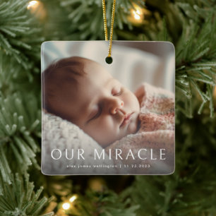 Onze Miracle Modern Foto Baby Geboorte Aankondigin Keramisch Ornament
