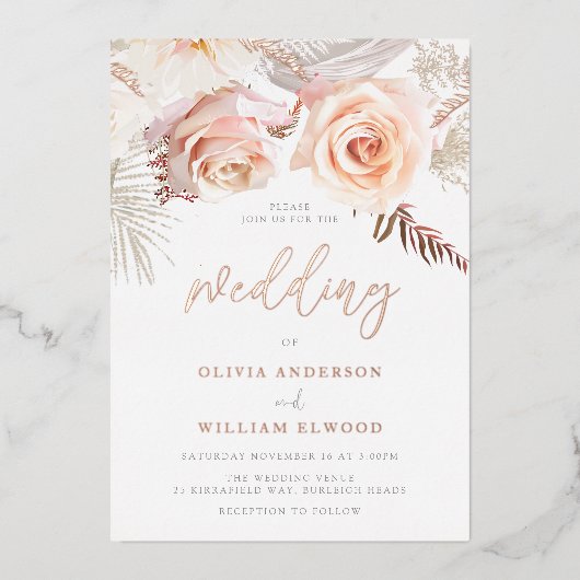 Onze mooie bruiloft: Blush Floral & Roos Gold Folie Uitnodiging (Voorkant)