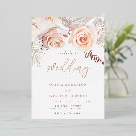 Onze mooie bruiloft: Blush Floral & Roos Gold Folie Uitnodiging (Staand Voorkant)