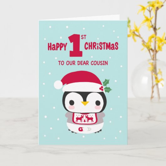 Onze neef's Eerste Kerstmis met Baby Penguin Kaart (Gele Bloem)
