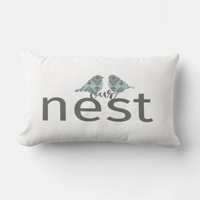 Onze nestgrijs en blauw met twee vogels kussen (Voorkant)