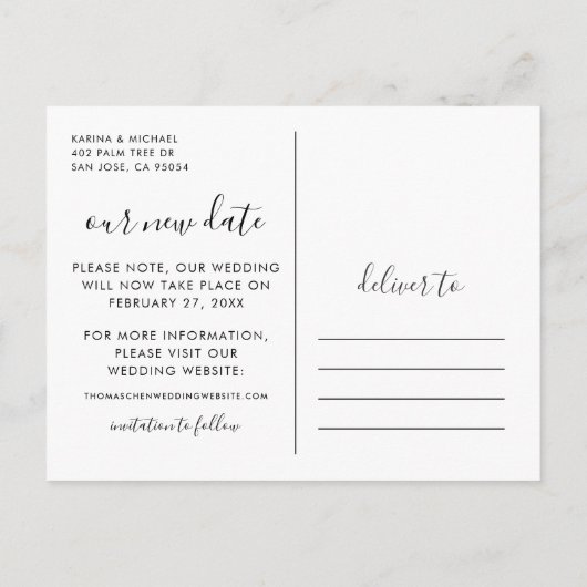 Onze nieuwe datum Handgeschreven Script Wedding Ph Aankondigingskaart (Achterkant)