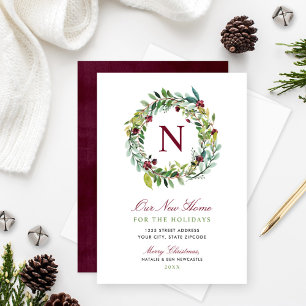 Onze nieuwe Home Winter Greenery Monogram Wreate Feestdagenkaart