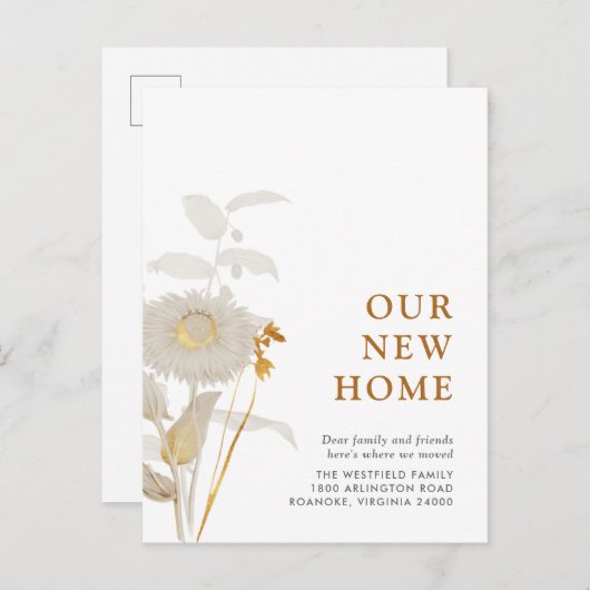 Onze nieuwe Thuisbloemen, bloemen en olievloeiing Aankondigingskaart (Voorkant / Achterkant)