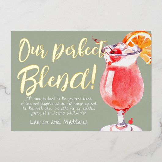 Onze perfecte grappige cocktail die de datum opsla folie uitnodiging (Voorkant)
