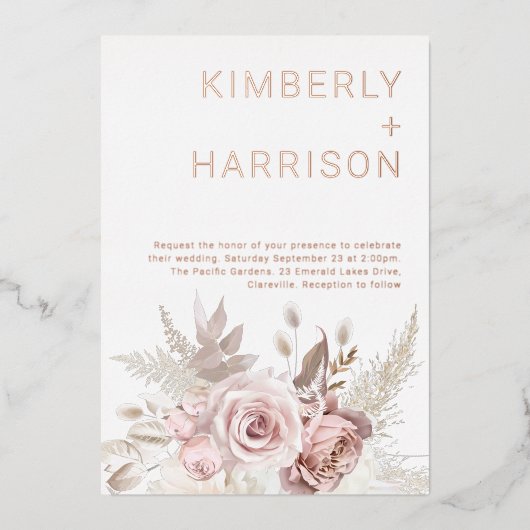 Onze prachtige bruiloft: Roze Goud & Blush Bloemen Folie Uitnodiging (Voorkant)