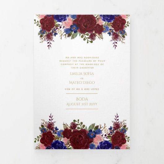 Onze Trouw Burgundy Blauwe Bloemachtige Trouw Uitn Drieluik Uitnodiging (Cover)