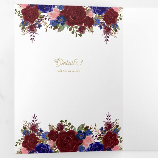 Onze Trouw Burgundy Blauwe Bloemachtige Trouw Uitn Drieluik Uitnodiging (Binnenzijde eerst)