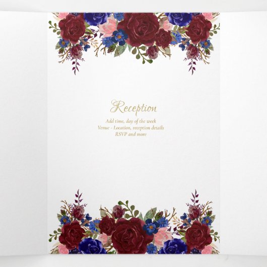 Onze Trouw Burgundy Blauwe Bloemachtige Trouw Uitn Drieluik Uitnodiging (Binnenkant midden)