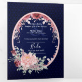 Onze Trouw Burgundy Blauwe Bloemachtige Trouw Uitn Drieluik Uitnodiging (Binnenzijde eerst)
