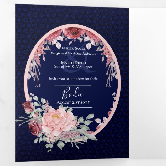 Onze Trouw Burgundy Blauwe Bloemachtige Trouw Uitn Drieluik Uitnodiging (Binnenzijde eerst)