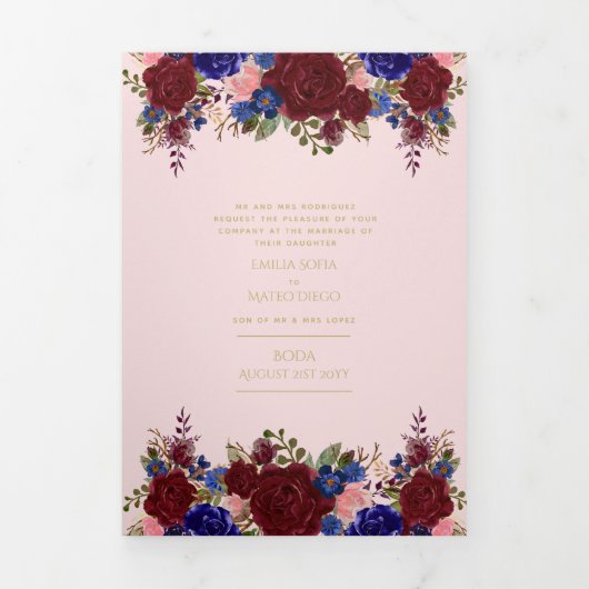 Onze Trouw Burgundy Blauwe Bloemachtige Trouw Uitn Drieluik Uitnodiging (Cover)