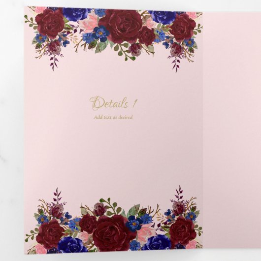 Onze Trouw Burgundy Blauwe Bloemachtige Trouw Uitn Drieluik Uitnodiging (Binnenzijde eerst)