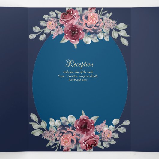 Onze Trouw Burgundy Blauwe Bloemachtige Trouw Uitn Drieluik Uitnodiging (Binnenkant midden)