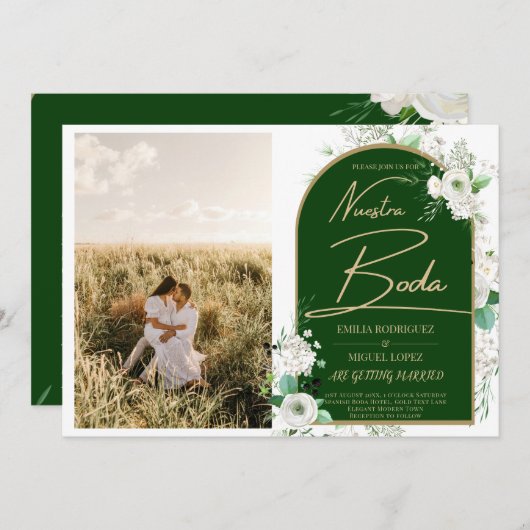 ONZE TROUWdag Witte Rozen Spaanse Foto Uitnodiging (Voorkant / Achterkant)