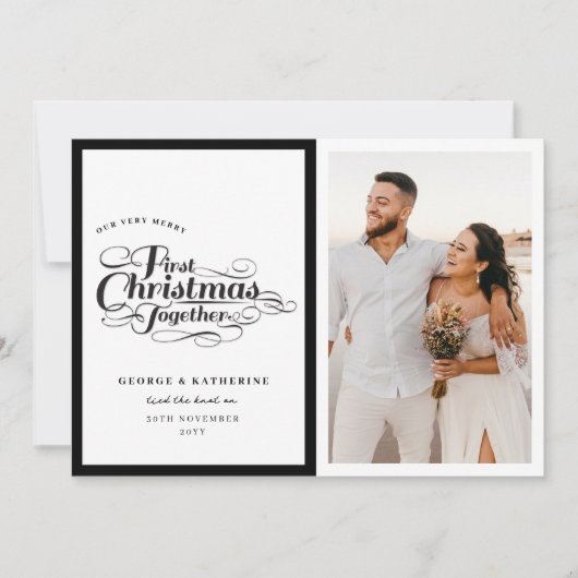 Onze vrolijke eerste kerstscriptfoto samen feestdagenkaart (Voorkant)