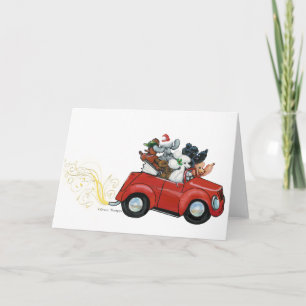 Oodles Poodles Red Car met kerstkaarten Feestdagen Kaart