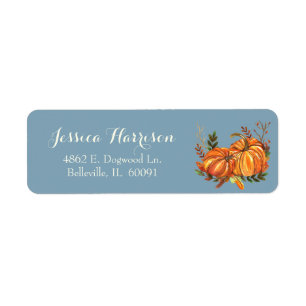 Oogst Herfst Pompoenen Bladeren Blauw Etiket