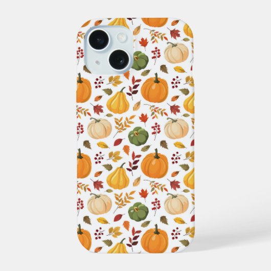Oogst pompoenen en herfst bladeren patroon iPhone 15 hoesje (Achterkant)