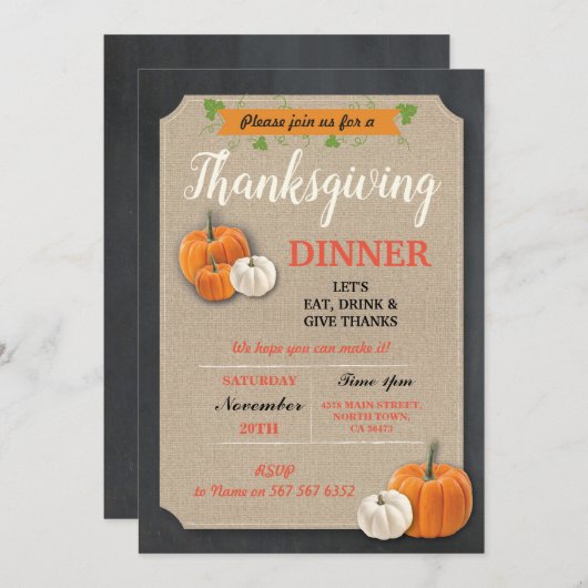 Oogstmaal Pompoenen Rustieke Krijtbord Uitnodiging (Voorkant / Achterkant)