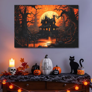 Oogstmaan Huis met spoken op Pumpkin Creek Canvas Afdruk