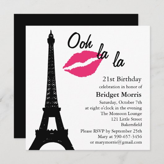 Ooh la la ! Invitation d'anniversaire (blanc) (Devant / Derrière)