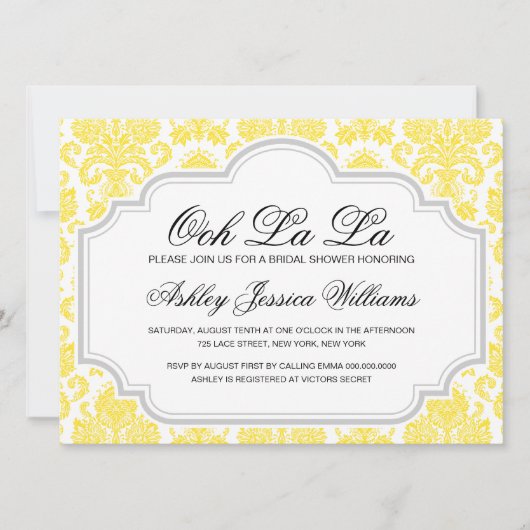 Ooh La La Yellow Damask Invitations de douche nupt (Devant)
