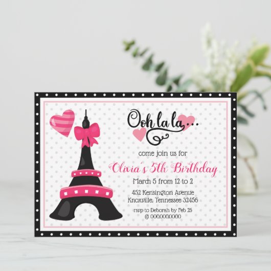 Ooh la Paris Eiffel Tower Pink and Black Party Kaart (Staand voorkant)